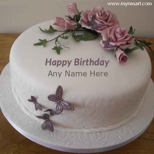 Birthday Cake With Pink Flower and Butterfly on cake write your name on cake