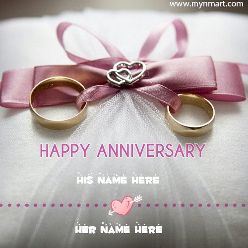 Happy Anniversary Beautiful Greeting With Couple Name and Couple Rings